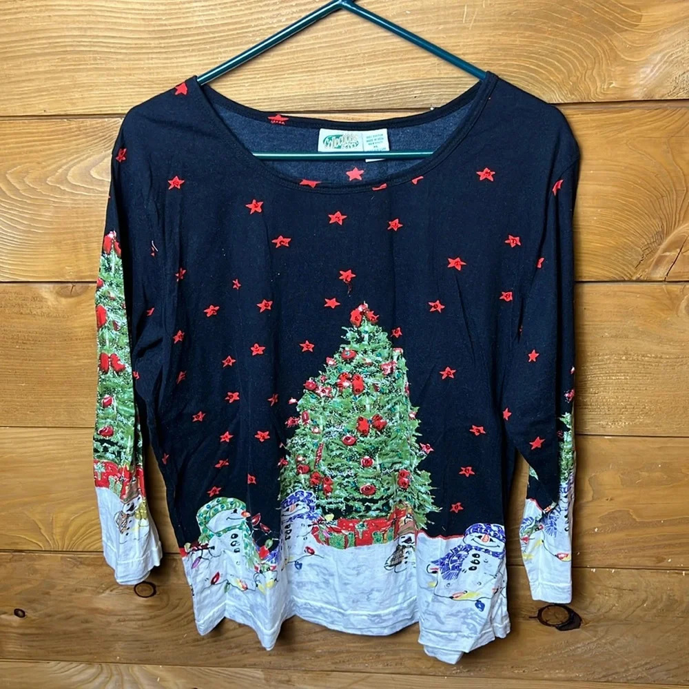 Collections ETC Women’s Christmas Tree Snowman Holiday Long sleeve Top shirt XL
